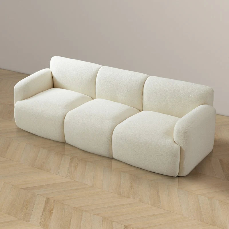 Mid-Century Modern Tufted Cream Boucle 3-Seater Sofa