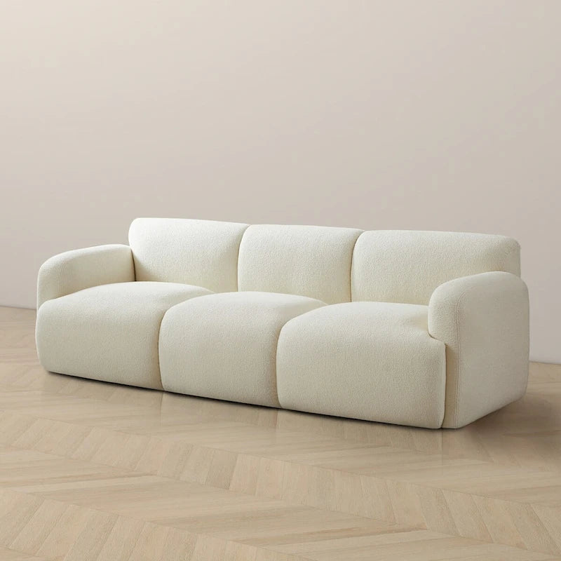 Mid-Century Modern Tufted Cream Boucle 3-Seater Sofa