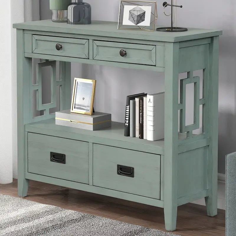 Wood Console Table with 4 Drawers and Open Storage Shelf