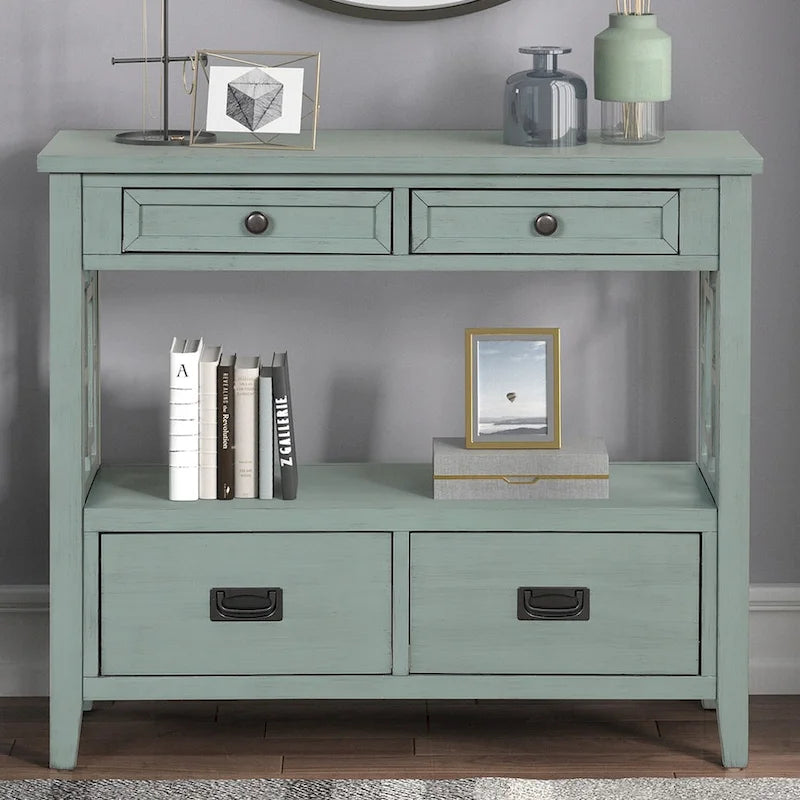 Wood Console Table with 4 Drawers and Open Storage Shelf