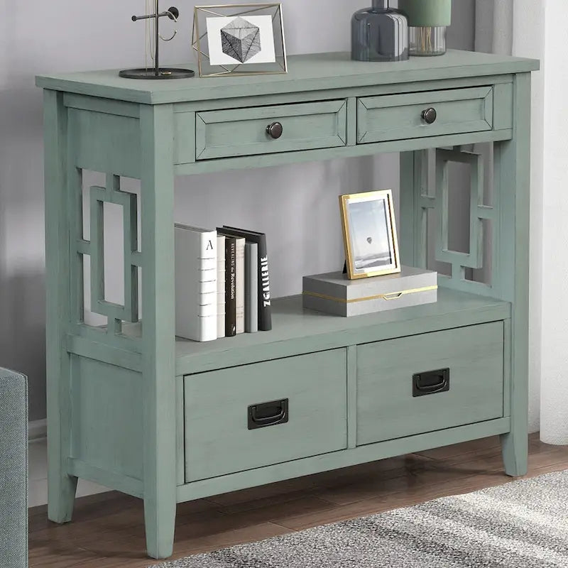 Wood Console Table with 4 Drawers and Open Storage Shelf