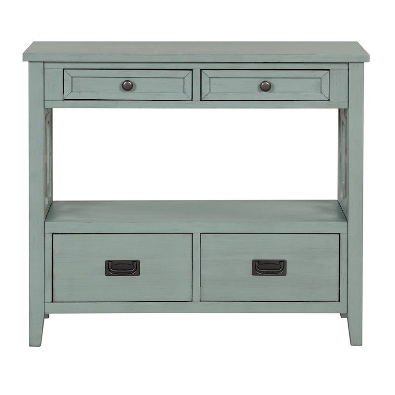 Wood Console Table with 4 Drawers and Open Storage Shelf