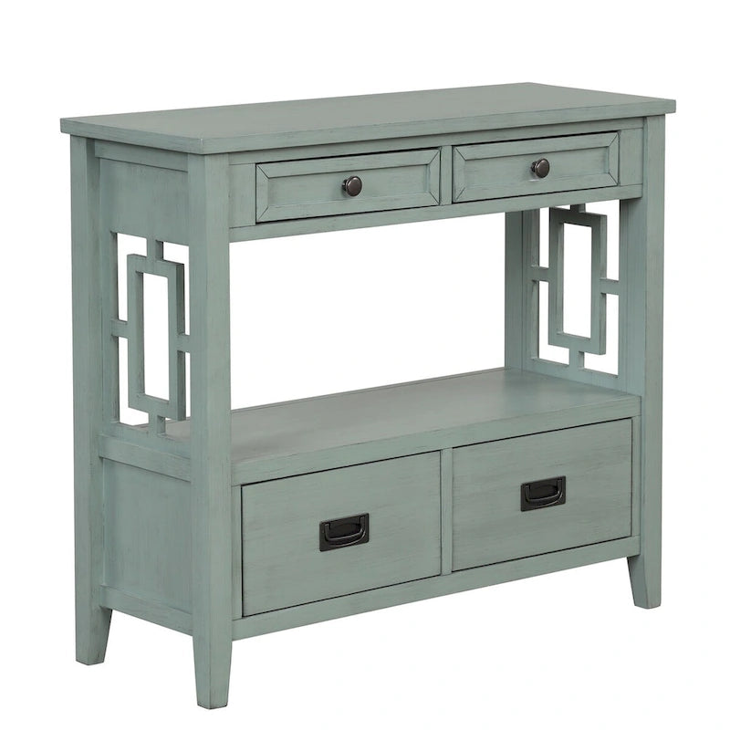 Wood Console Table with 4 Drawers and Open Storage Shelf