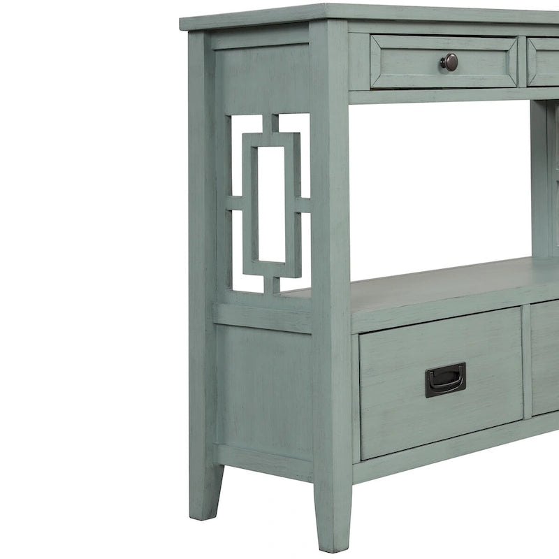 Wood Console Table with 4 Drawers and Open Storage Shelf