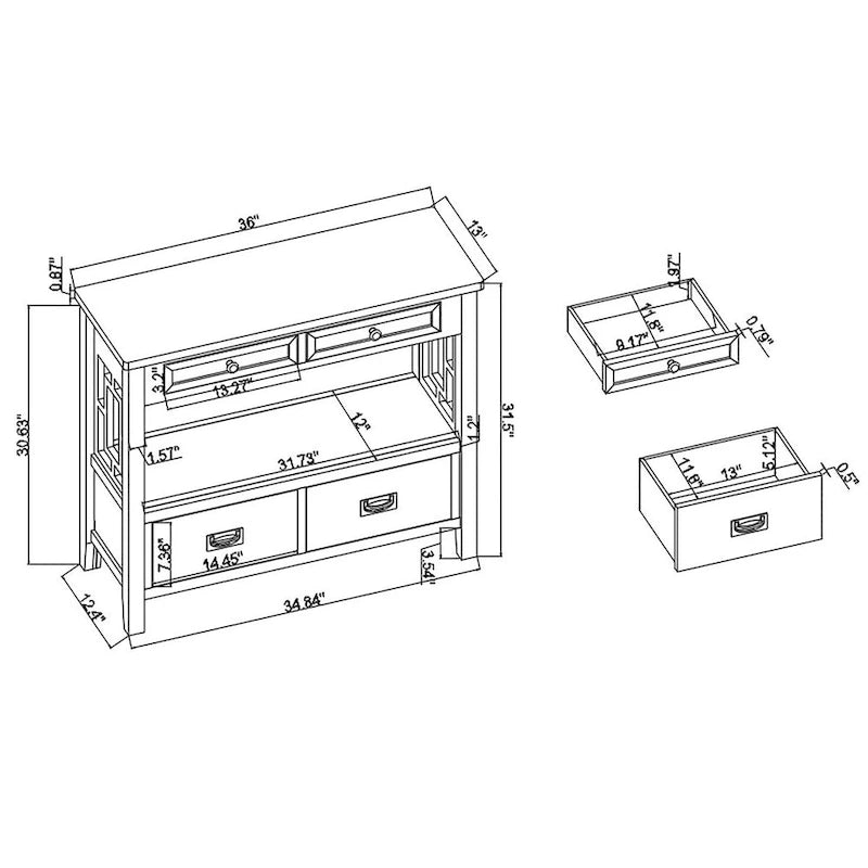 Wood Console Table with 4 Drawers and Open Storage Shelf