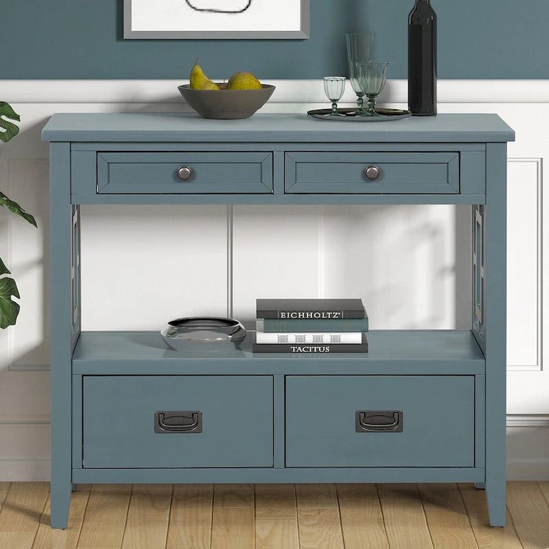 Wood Console Table with 4 Drawers and Open Storage Shelf