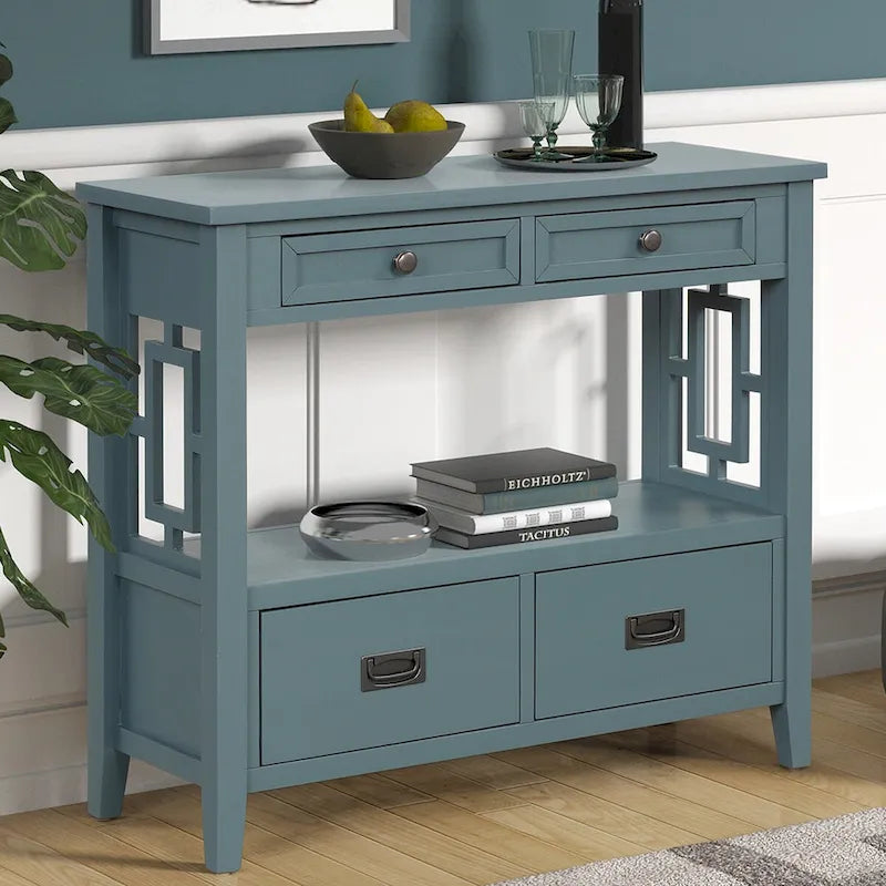 Wood Console Table with 4 Drawers and Open Storage Shelf