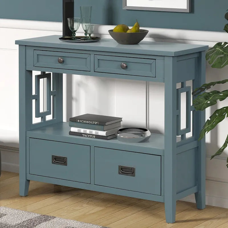Wood Console Table with 4 Drawers and Open Storage Shelf