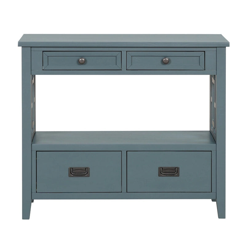 Wood Console Table with 4 Drawers and Open Storage Shelf