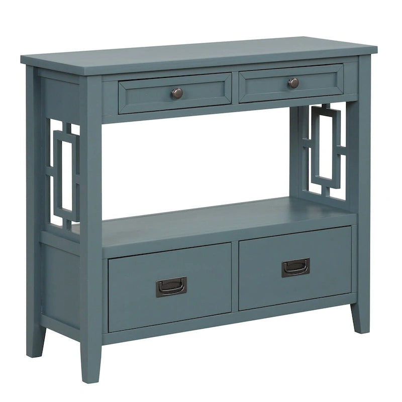 Wood Console Table with 4 Drawers and Open Storage Shelf