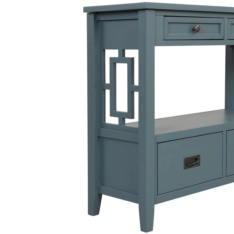 Wood Console Table with 4 Drawers and Open Storage Shelf