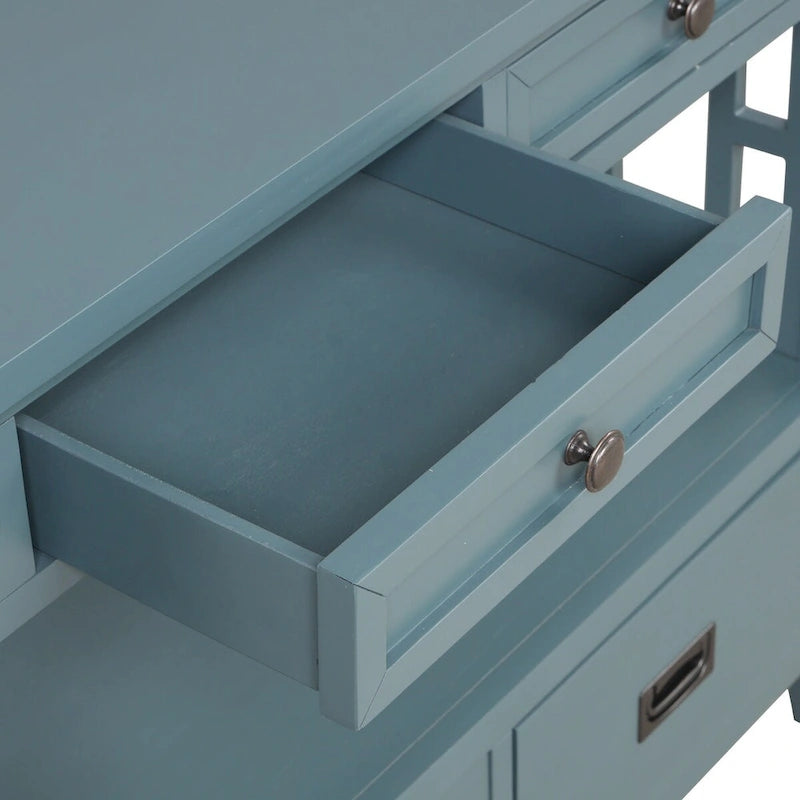 Wood Console Table with 4 Drawers and Open Storage Shelf