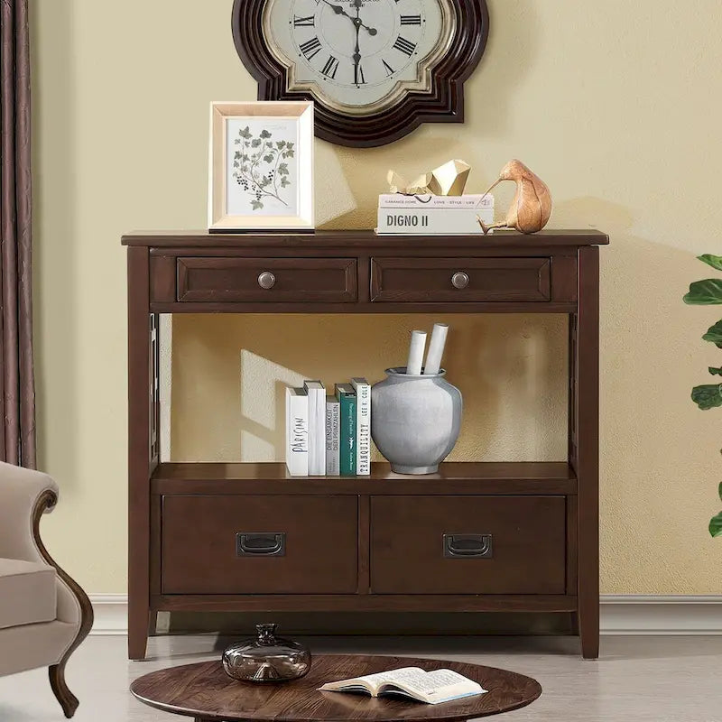 Wood Console Table with 4 Drawers and Open Storage Shelf