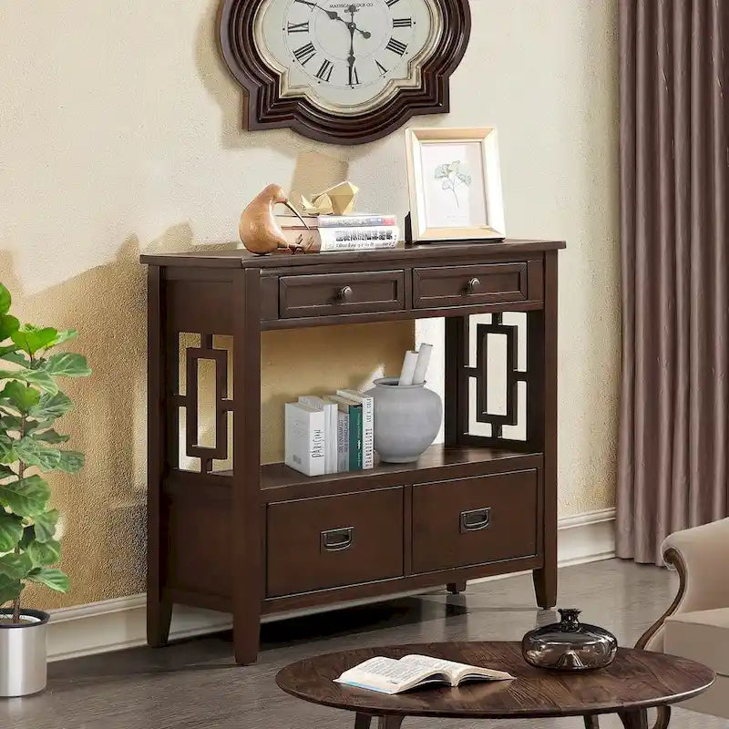Wood Console Table with 4 Drawers and Open Storage Shelf