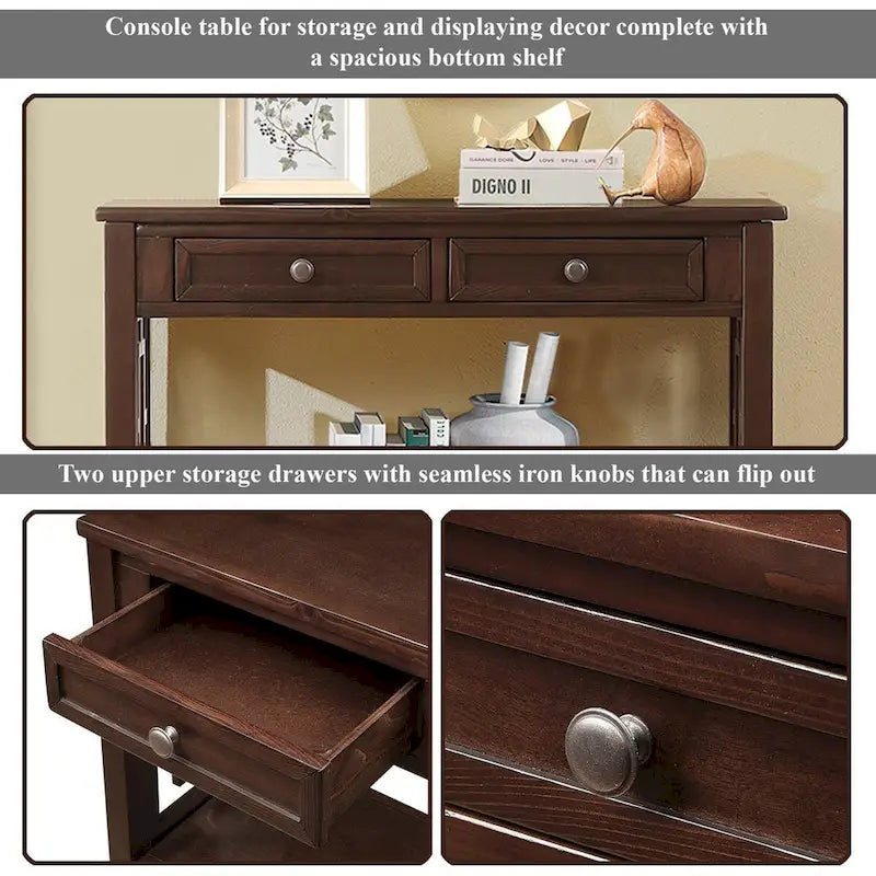 Wood Console Table with 4 Drawers and Open Storage Shelf
