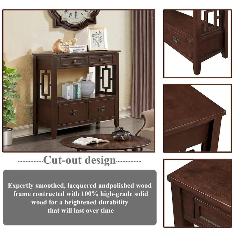 Wood Console Table with 4 Drawers and Open Storage Shelf