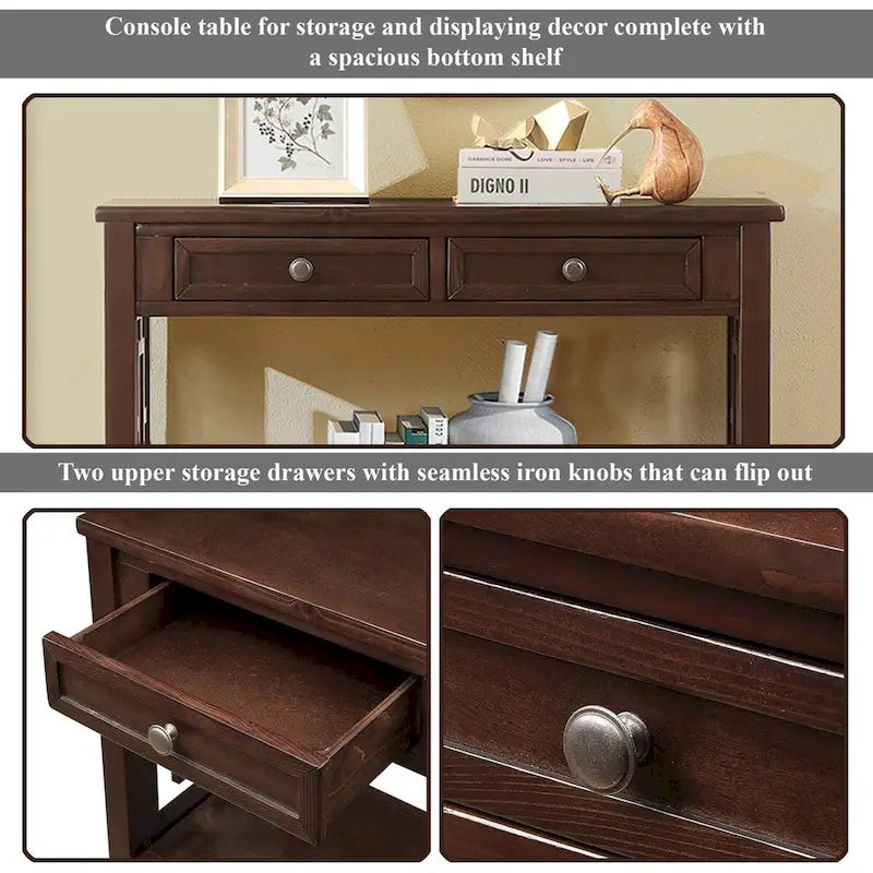 Wood Console Table with 4 Drawers and Open Storage Shelf