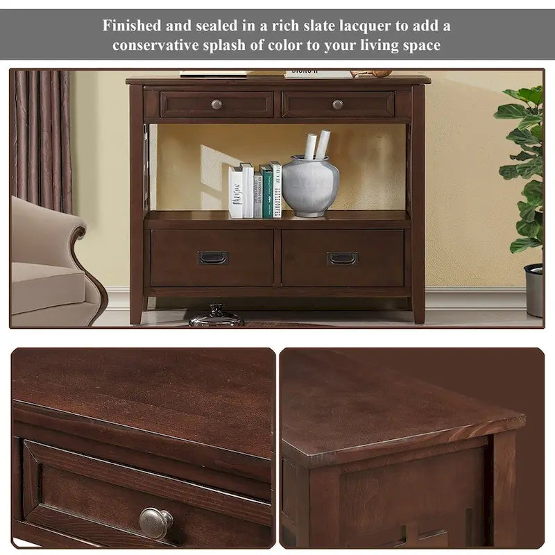 Wood Console Table with 4 Drawers and Open Storage Shelf