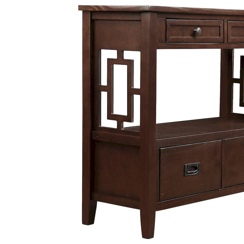 Wood Console Table with 4 Drawers and Open Storage Shelf
