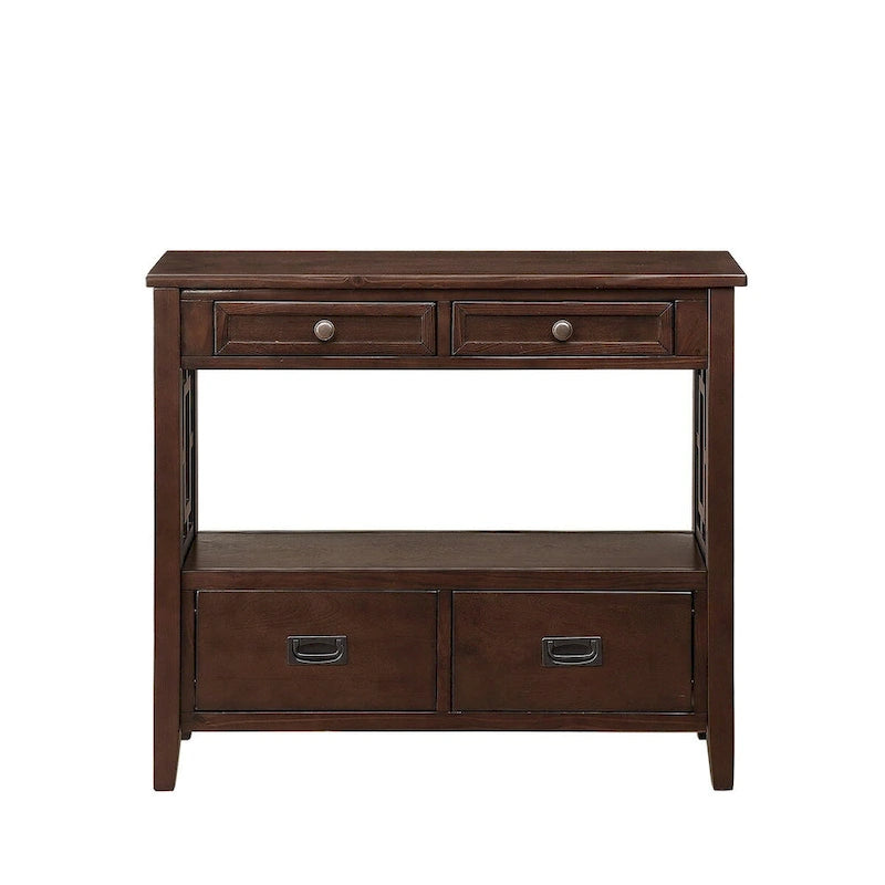 Wood Console Table with 4 Drawers and Open Storage Shelf