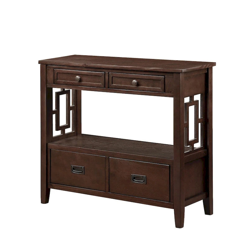 Wood Console Table with 4 Drawers and Open Storage Shelf