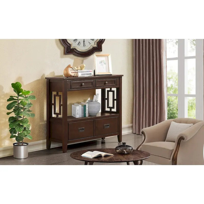 Wood Console Table with 4 Drawers and Open Storage Shelf