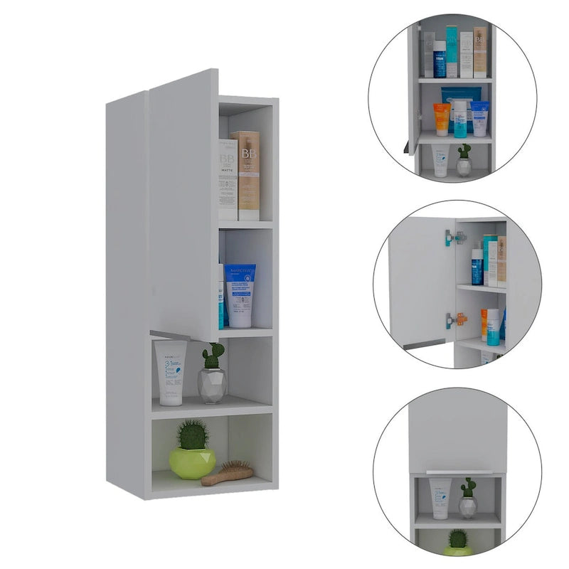 White Bathroom Cabinet with Single Door and Four Shelves