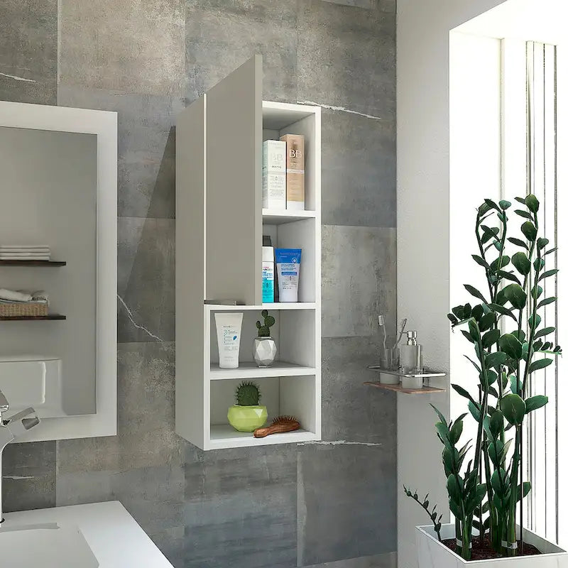 White Bathroom Cabinet with Single Door and Four Shelves